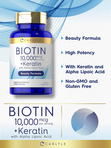 Carlyle Biotin 10000mcg | 150 Capsules | Beauty Formula with Keratin | Non-GMO Gluten Supplement