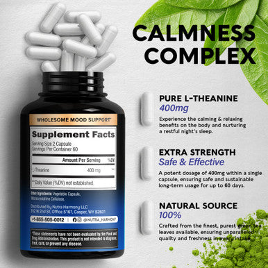 NUTRAHARMONY L Theanine Supplement - Promotes Relaxation, Sleep & Calm Support - L Theanine 400 Mg Extra Strength - Made In Usa - Focus Supplements - For Men & Women - Non-Gmo & Gluten-Free - 120 Vegan Capsules