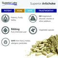 Superior Labs Organic Artichoke Leaf Extract NonGMO Powerful 5 Caffeoylquinic Natural Dietary Supplement for Healthy Metabolism Digestion Antioxidant 600 mg Dosage 180 Veg Caps