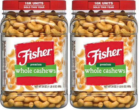Fisher Snack Premium Whole Cashews, 24 Ounces, Roasted with Sea Salt, No Artificial Colors or Flavors, 100% Recyclable | Roasted With Sea Salt, No Artificial Colors Or Flavors, 100% Recyclable Packaging