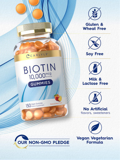 Carlyle Biotin 10000Mcg Gummies | 150 Count | Peach Flavor Supplement | Vegan, Non-Gmo, Gluten Free