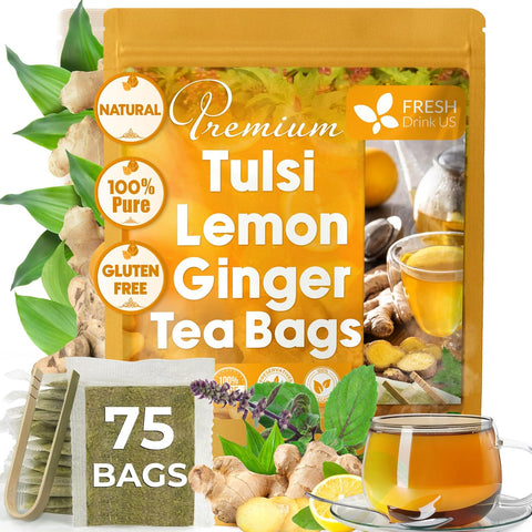 FreshDrinkUS, Premium 75 Mulberry Leaf Tea Bags, 100% Natural & Pure from Mulberry Leaves. Loose Leaf Herbal Tea. Made with Natural Material Tea Bags. No Sugar, No Caffeine, No Gluten, Vegan.