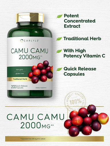 Carlyle Camu Camu Capsules 2000mg | 200 Count | with Vitamin C | Non-GMO, Gluten Free