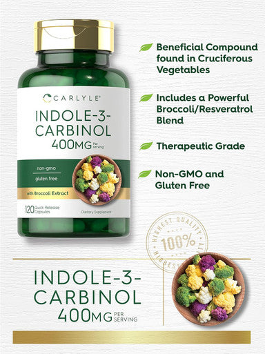 Carlyle Indole-3-Carbinol (I3C) 400mg | 120 Capsules | Advanced Formula with Broccoli Extract | Non-GMO Gluten