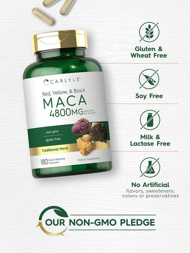 Carlyle Maca Root Capsules | 4800mg | 180 Count | High Potency Extract | Non-GMO and Gluten Formula