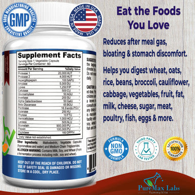 YUMMYVITE Digestive Enzymes - 18 Plant-Based Enzymes - Helps Digestion Of Difficult-To-Digest Foods Including Lactose, Gluten, Beans, Broccoli, Meat, Fat & Sugar - Stops Bloating, Gas & Reflux - 60 Capsules