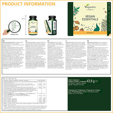 Vegan Essentials Vegavero | Multivitamins & Minerals | with Omega 3, Vitamin B12, B2, D3, K2, Zinc, Iron and Iodine | NO Additives | Natural Support for a Vegan Diet