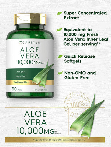 Carlyle Aloe Vera Capsules 10,000 mg | 300 Softgel Pills | Aloe Vera Gel Supplement | Non-GMO, Gluten Free
