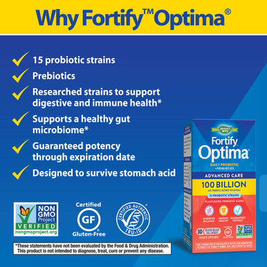 Nature S Way Fortify Optima Daily Probiotic, 100 Billion, 15 Strains, Digestive & Immune Support*, With Prebiotics, 30 Capsules