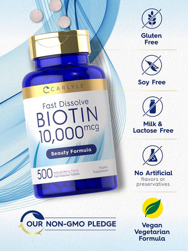 Carlyle Biotin 10000mcg | 500 Fast Dissolve Tablets | Max Strength | Vegetarian Non-GMO Gluten Supplement