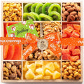 NUT CRAVINGS - Purim Mishloach Manot Dried Fruit & Mixed Nuts Gift Basket in Reusable Wooden Tray + Ribbon (12 Assortments) Ramadan Gifts Food Arrangement, Healthy Snack Care Package, Kosher
