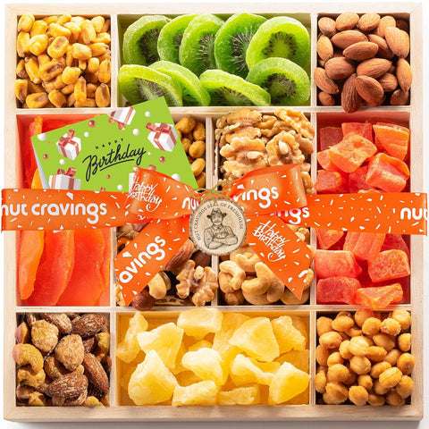 NUT CRAVINGS - Purim Mishloach Manot Dried Fruit & Mixed Nuts Gift Basket in Reusable Wooden Tray + Ribbon (12 Assortments) Ramadan Gifts Food Arrangement, Healthy Snack Care Package, Kosher