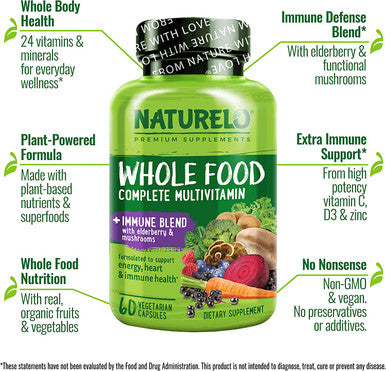 NATURELO Whole Food Multivitamin + Immune Blend with Elderberry & Mushrooms - Complete Multivitamin with Extra Immune Support - C , D3 , Zinc , Elderberry , Reishi , Shitake - 60 Vegan Capsules