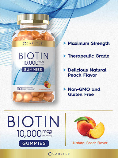 Carlyle Biotin 10000Mcg Gummies | 150 Count | Peach Flavor Supplement | Vegan, Non-Gmo, Gluten Free