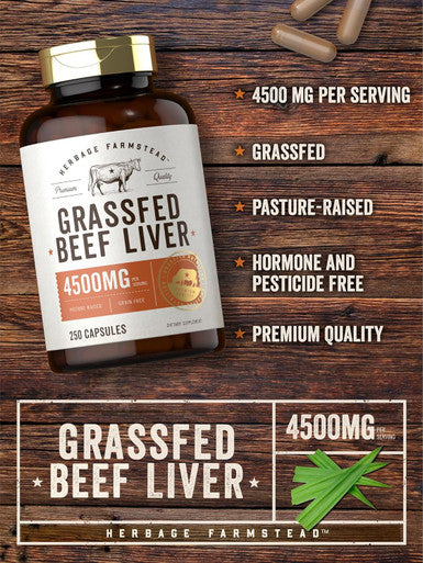 Carlyle Grass Fed Beef Liver Capsules 4500mg | 250 Count | Desiccated Supplement | Non-GMO Gluten | by Herbage Farmstead