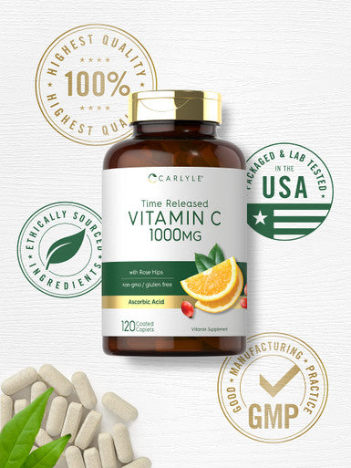 Carlyle Vitamin C 1000Mg | Timed Release | 120 Vegetarian Caplets | With Rose Hips | Non-Gmo & Gluten Free Supplement