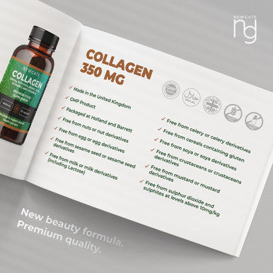 Newgate Labs Marine Collagen 350Mg With Hyaluronic Acid, Vitamin C & Vitamin E - Advanced Nutritional Supplement - 90 High Strength Capsules - Health Wellness Support - Gmo Free - Halal