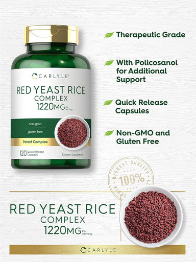 Carlyle Red Yeast Rice Complex | 1220mg | 120 Capsules | with Policosanol | Non-GMO and Gluten Supplement