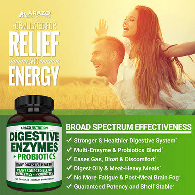 Digestive Enzymes with Probiotics Multi Enzyme Nutritional Supplement Acidophilus Bromelain Papaya Papain Lipase Lactase Improve Digestion 120 Pills Arazo Nutrition