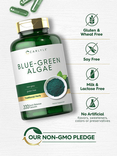 Carlyle Blue Green Algae 500mg | 200 Quick Release Capsules | Chlorella Supplement | Non-GMO, Gluten Free