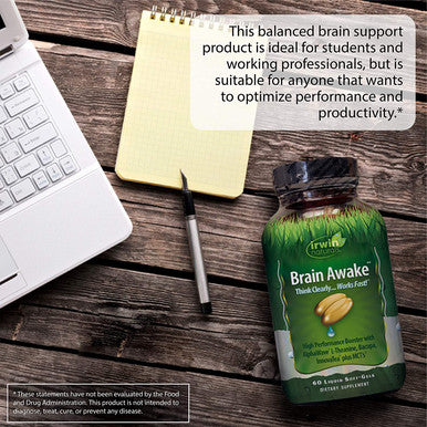 Irwin Naturals Brain Awake Enhanced Mental Performance Increased Focus Boost Clarity & Concentration - Powerful Nootropic Booster with L-Theanine Bacopa MCT's & InnovaTea - 60 Liquid Softgels