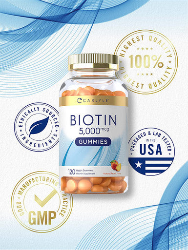 Carlyle Biotin Gummies | 5000mcg | 120 Count | Peach Flavor Supplement | Vegan, Non-GMO, Gluten Free