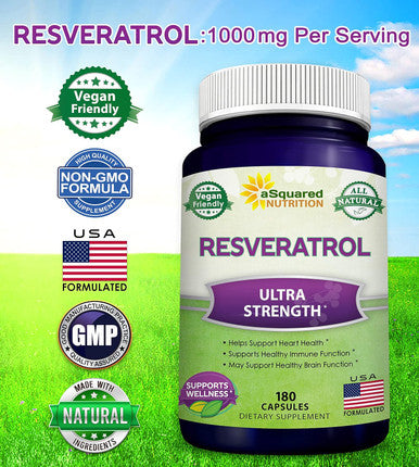 100% Natural Resveratrol - 1000Mg Per Serving Max Strength (180 Capsules) Antioxidant Supplement, Trans-Resveratrol Pills For Heart Health & Pure, Trans Resveratrol & Polyphenols
