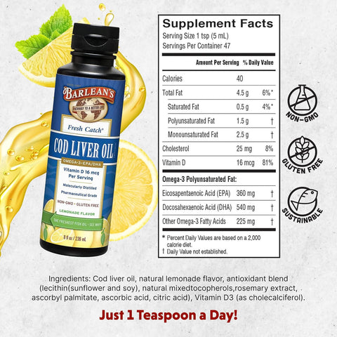Barlean'S Cod Liver Oil Liquid Supplement Omega 3 Fish Oil With 900Mg Epa And Dha Plus Vitamin D Supplements For Joint Brain And Heart Health Support Lemonade Flavor 8 Oz