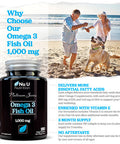 Omega 3 Fish Oil 2000mg per Serving - 180 Softgel Capsules - Premium Double Strength 660mg EPA & 440mg per Serving - 3 Month Supply - Sustainably Sourced - with Vitamin E - Nu U Nutrition