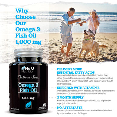 Omega 3 Fish Oil 2000mg per Serving - 180 Softgel Capsules - Premium Double Strength 660mg EPA & 440mg per Serving - 3 Month Supply - Sustainably Sourced - with Vitamin E - Nu U Nutrition