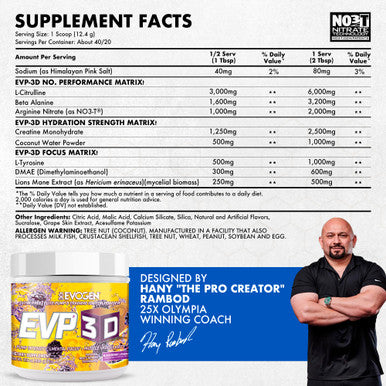 Evogen EVP-3D | Extreme Pre-Workout Pump Ignitor Arginine Nitrate Citrulline Beta-Alanine Lions Mane | BlackBerry Lemonade | 40 Servings