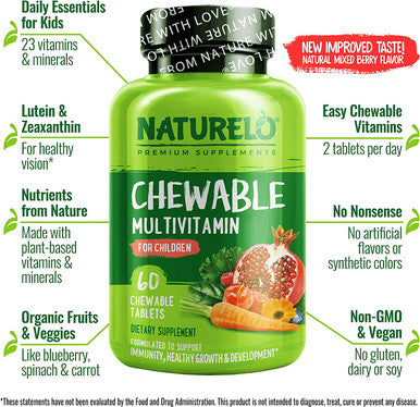 NATURELO Chewable Vitamin for Kids Ãƒâ€šÃ¢â‚¬â€œ Multivitamin with Whole Food Organic Fruit Blend - 60 Tablets for Children