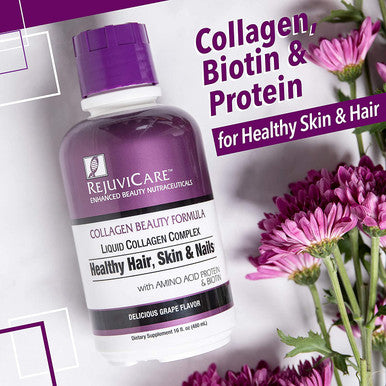 Rejuvicare Liquid Collagen Beauty Formula with Amino Acids Protein and Biotin Delicious Grape Flavor Purple 16 oz 32 servings