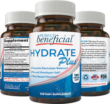 Hydrate Plus - All Natural Electrolyte Capsules w/Himalayan Salt for Ketogenic-Low Carb Diet- Energy, ReHydrate & Recover; Vegan - 180 Capsules