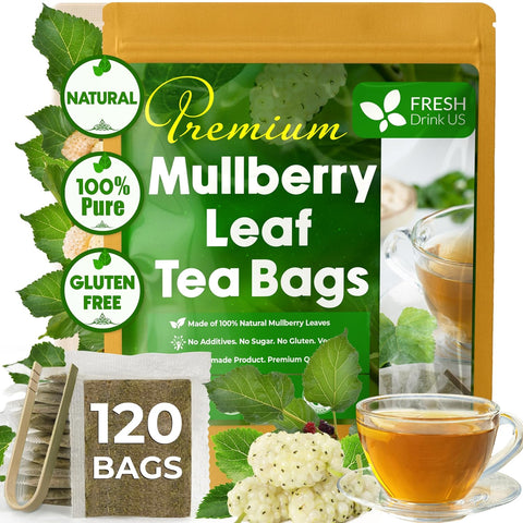 FreshDrinkUS, Premium 75 Mulberry Leaf Tea Bags, 100% Natural & Pure from Mulberry Leaves. Loose Leaf Herbal Tea. Made with Natural Material Tea Bags. No Sugar, No Caffeine, No Gluten, Vegan.