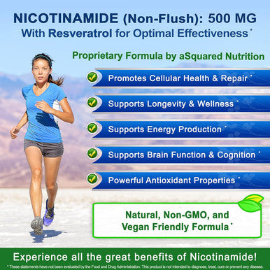 Asquared Nutrition Nicotinamide With Resveratrol - 120 Veggie Capsules - Vitamin B3 500Mg (Niacinamide Flush Free) - Supplement Pills To Support Nad, Skin Cell Health & Energy
