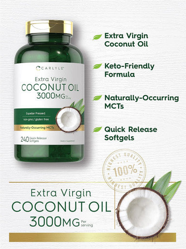 Carlyle Coconut Oil Extra Virgin Softgel Capsules | 3000mg | 240 Count | Naturally Occurring MCTs | Non-GMO and Gluten Supplement
