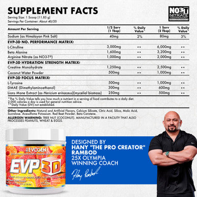 Evogen EVP-3D | Extreme Pre-Workout Pump Ignitor Arginine Nitrate Citrulline Beta-Alanine Lions Mane | Peach Rings | 40 Servings