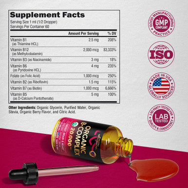 NUTRAHARMONY Usda Organic Vitamin B-Complex B5 Pantothenic Acid | B12 Methylcobalamin | B1 Thiamine | B6 Pyridoxine | B7 Biotin | B9 Folic | B3 Niacinamide - B Complex Liquid Drops, Made In Usa Supplement, 2Fl Oz