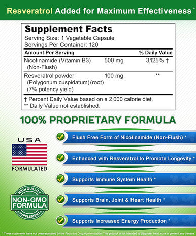 Asquared Nutrition Nicotinamide With Resveratrol - 120 Veggie Capsules - Vitamin B3 500Mg (Niacinamide Flush Free) - Supplement Pills To Support Nad, Skin Cell Health & Energy