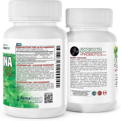 AzmaBiotech Synbiotic | Spirulina 1000 mg + Probiotic 20 Billion | 60 Vegan Capsules