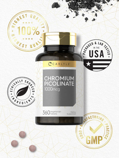 Ultra Chromium Picolinate 1000Mcg | 360 Tablets | Vegetarian, Non-Gmo, Gluten Free | By Carlyle