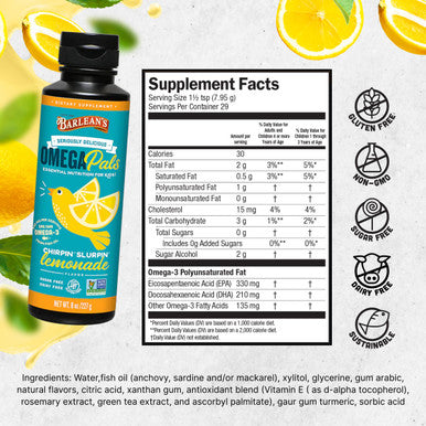 Barlean's Omega 3 Fish Oil Liquid Supplement for Kids Chirpin' Slurpin' Lemonade 540 mg of EPA and DHA Fatty Acid 8 oz