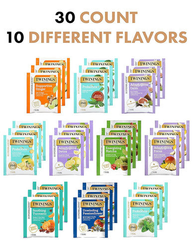Blue Ribbon Twinings Wellness Herbal and Green Tea Bags Sampler Variety Box (30 Count) 10 Flavors for Women and Men
