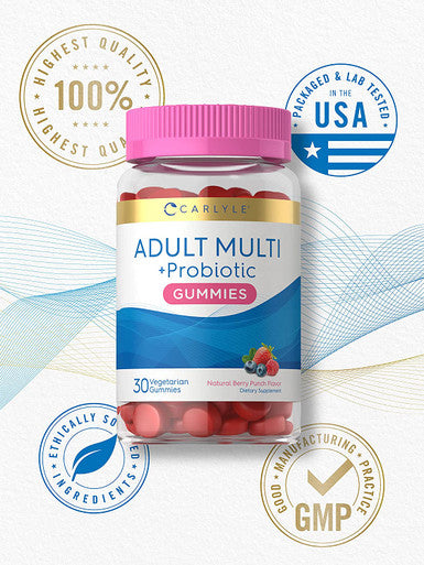 Adult Multivitamins Gummies | with Probiotic | 30 Count | Berry Punch Flavor | Vegetarian, Non-GMO, Gluten Free Supplement | by Carlyle