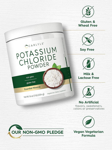 Carlyle Potassium Chloride Powder Supplement 16 oz Food Grade Salt Substitute Vegan Vegetarian Non GMO Gluten