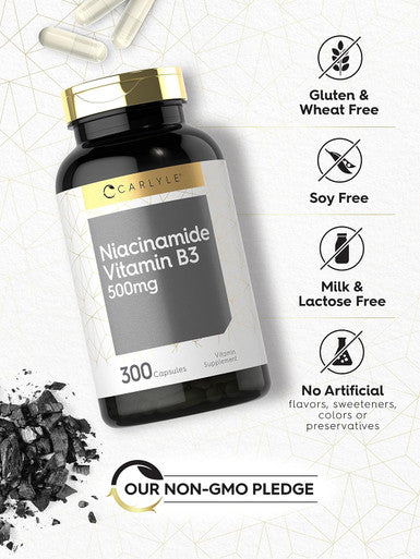Carlyle Niacinamide Vitamin B3 | 500mg | 300 Capsules | Non-GMO Gluten Supplement
