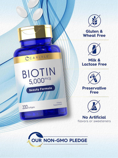 Carlyle Biotin 5000mcg Softgels | 200 Count | Vitamins for Hair Skin and Nails | Non-GMO Gluten Supplement