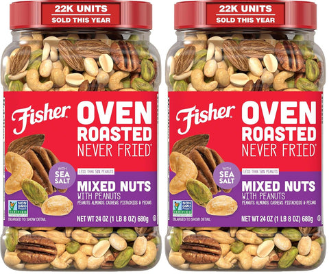 Fisher Oven Roasted Never Fried Deluxe Mixed Nuts, 24 Ounces | Pack Of 1, Almonds, Cashews, Pecans, Pistachios, Healthy Snacks For Adults, Made With Sea Salt, No Added Oil, Gluten Free