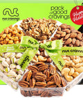 NUT CRAVINGS - Purim Mishloach Manot Mixed Nuts Gift Basket + Green Ribbon (7 Assortments, 1 LB) Ramadan Gifts Treats for Adults, Food Arrangement, Healthy Snack Care Package, Kosher